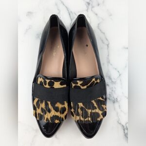 Kate Spade CAYLA Flats Women's 7.5M Black Patent Leopard Print Dyed Fur Fringe